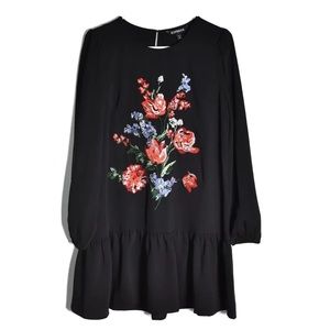 Express Floral Embroidered Ruffle Skirt Long Sleeve Dress